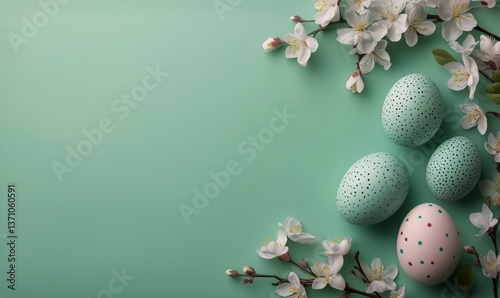 Obraz na płótnie Beautiful Easter Arrangement With Decorated Eggs and Blossoms on a Green Background w salonie