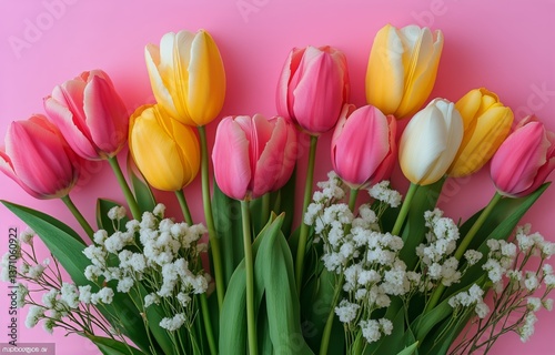 Colorful Tulips Arranged Beautifully on a Pink Background for Spring Decoration