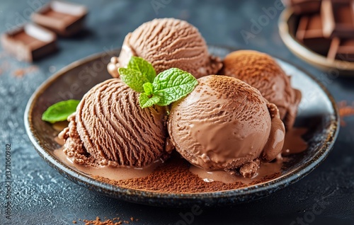 Delicious Assortment of Ice Cream Scoops Served on a Plate With Chocolate and...