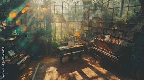Sunlit music room with antique pianos and bookshelves.  Sunlight streams through large windows, illuminating a room filled with plants, books, and two antique pianos.