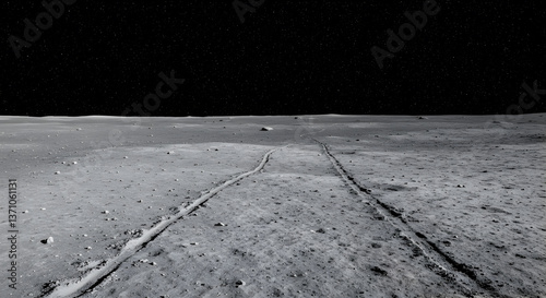Lunar surface exploration: Tracks left by a rover on the desolate moonscape
