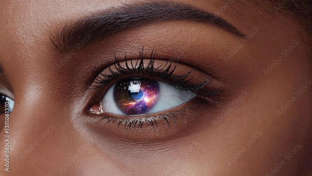 A close-up of a person's eye with a galaxy visible in the iris