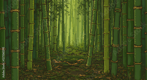 Enchanting pixel art bamboo forest evoking serenity and tranquil beauty