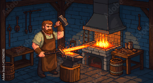 Pixel art depiction of a blacksmith forging a glowing sword in his workshop