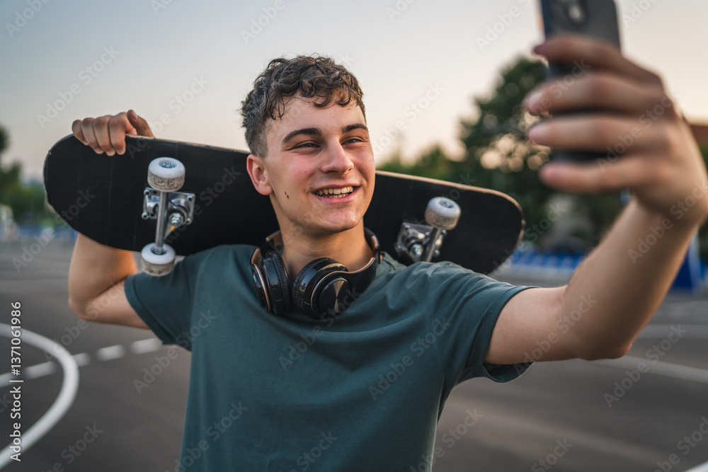 Fototapeta premium One man young adult caucasian teenager stand outdoor with skateboard on his shoulder and headphones posing at basketball court portrait happy confident wear shirt casual real person copy space