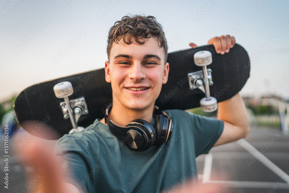 Obraz premium One man young adult caucasian teenager stand outdoor with skateboard on his shoulder and headphones posing at basketball court portrait happy confident wear shirt casual real person copy space