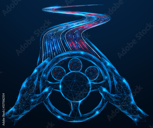 Car driving, virtual hands holding the car steering wheel in front of the road. Polygonal design of interconnected elements. Blue background.