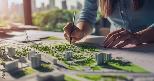 Une femme dessinant une maquette architecturale d'une ville, avec des espaces verts, des bâtiments et des éoliennes, concept de construction pour un développement urbain durable.