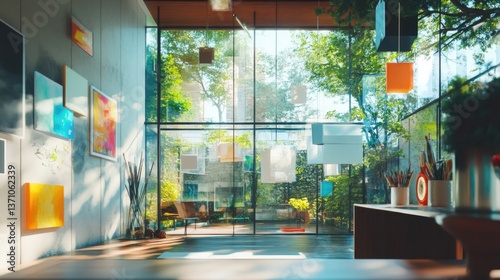 A bright interior space with a long table and numerous windows, suitable for office or study setting