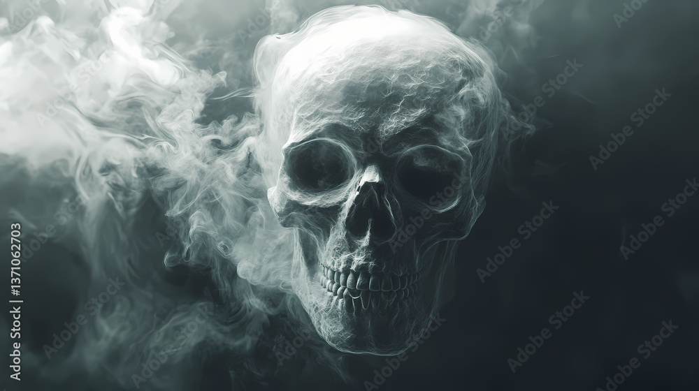 A lifelike, high-res 3d rendering of a human skull encased in swirling mist, casting an enigmatic, ghostly aura around it. Enigmatic Aura. Illustration A lifelike, high-res 3d rendering of a human skull encased in swirling mist, casting an enigmatic, ghostly aura around it. Enigmatic Aura. Illustration