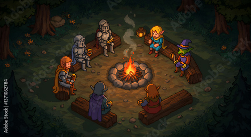 Pixel Art Gathering Around a Campfire with Fantasy Characters in Forest Setting