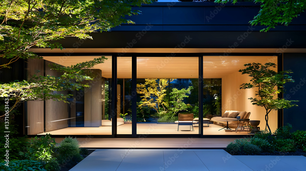 Fototapeta premium Modern House Exterior At Night With Glass Doors And Garden