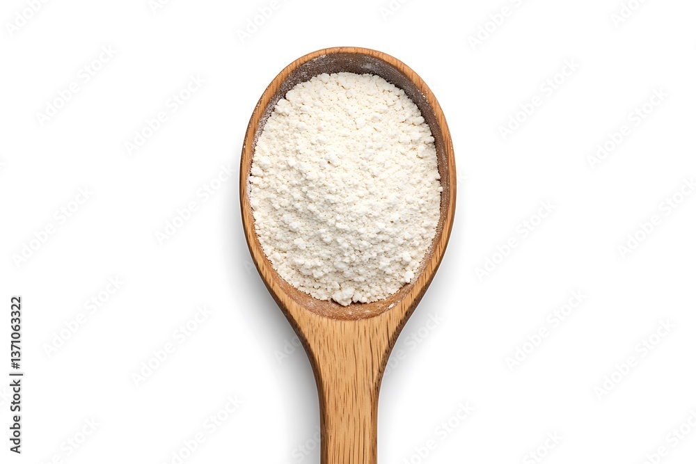 A top-down view of a wooden spoon with a smooth, natural finish, filled with flour, delicate granules visible, highly realistic, isolated on solid white background. A top-down view of a wooden spoon with a smooth, natural finish, filled with flour, delicate granules visible, highly realistic, isolated on solid white background.