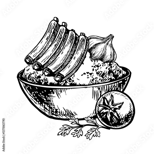 Pilaf with ribs. Vector image of an oriental dish. Black and white hand-drawn illustration. On a white background. For menus, posters, stickers, as well as for recipes and invitations.