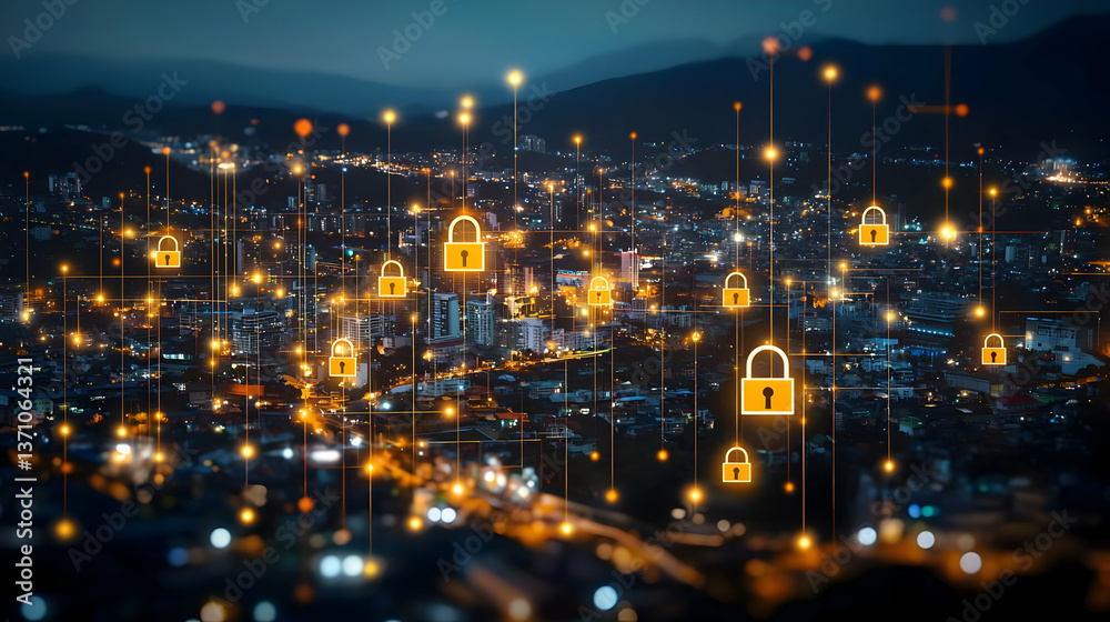Fototapeta premium Cityscape At Night With Security Locks Overlay