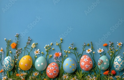 Colorful Easter Eggs Surrounded by Delicate Cherry Blossoms on a Blue Background
