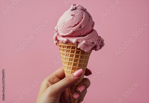 Delicious Pink Ice Cream Cone Held Against a Pastel Pink Backdrop