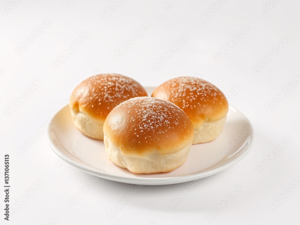 Close-up of three round, golden-brown buns arranged on a white plate against a plain white background Close-up of three round, golden-brown buns arranged on a white plate against a plain white background