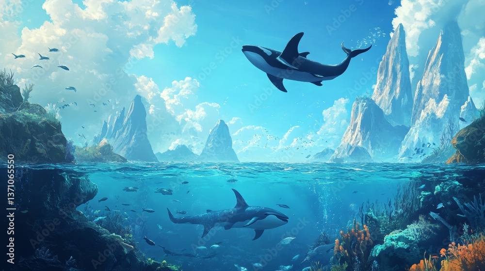 Obraz premium Orcas dive between sky and undersea world.