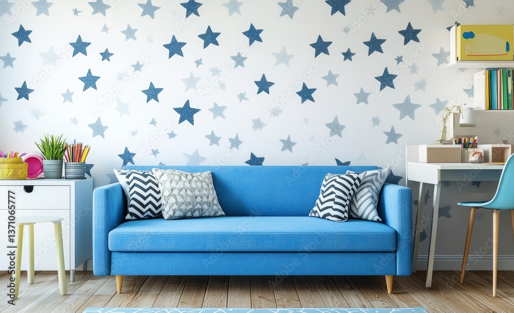 Fototapeta premium Charming modern children s room featuring a blue sofa, starry wallpaper, and cozy wooden flooring