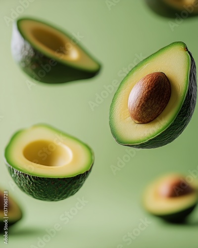 Sliced Avocados Floating Against a Green Background Showcasing Fresh Organic ...