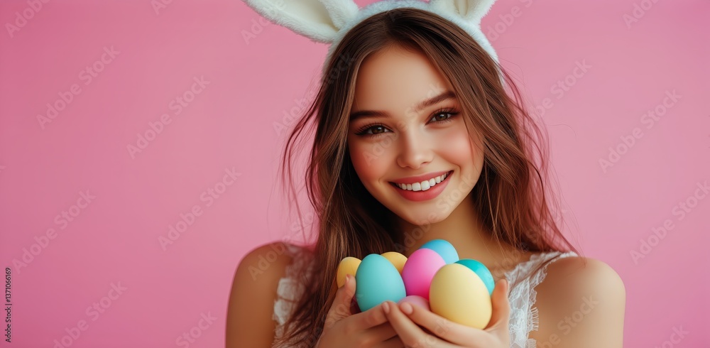 A Joyful Young Woman Wearing Bunny Ears Smiles While Holding a Collection of Brightly Colored Eggs A Joyful Young Woman Wearing Bunny Ears Smiles While Holding a Collection of Brightly Colored Eggs