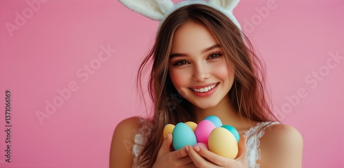 A Joyful Young Woman Wearing Bunny Ears Smiles While Holding a Collection of ...