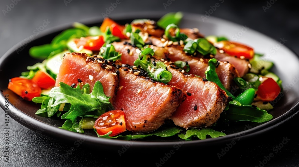 A vibrant plate of seared tuna atop fresh greens, creating a visually appealing and deliciously healthy meal that invites taste and enjoyment in culinary creativity. A vibrant plate of seared tuna atop fresh greens, creating a visually appealing and deliciously healthy meal that invites taste and enjoyment in culinary creativity.