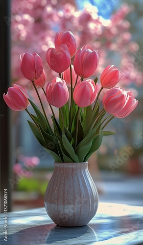 Beautiful Pink Tulips Arranged in a Vase Beside Blooming Cherry Blossom Trees...