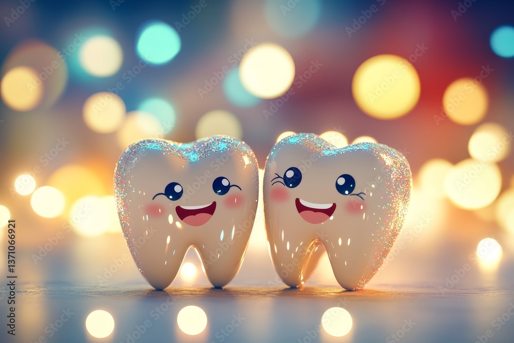 Obraz premium Charming smiling tooth characters posing together against a sparkling bokeh background