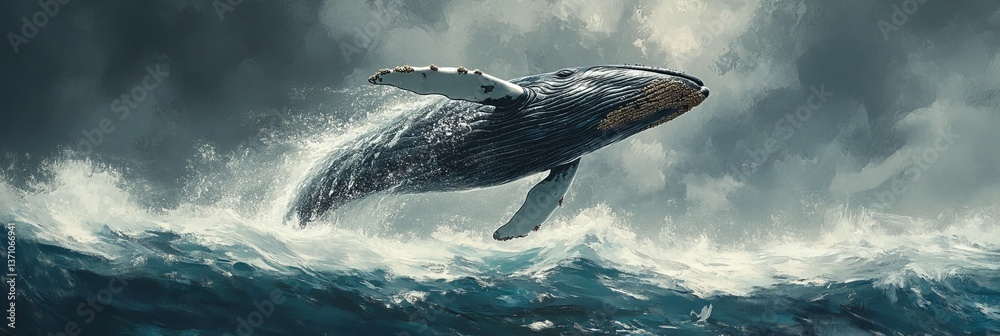 Fototapeta premium Majestic whale breaching ocean waves under stormy sky