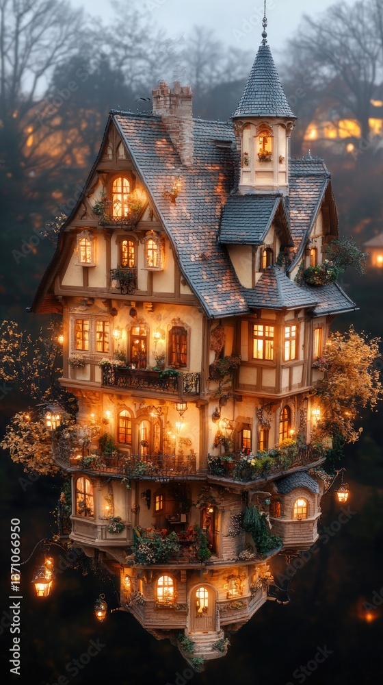 Naklejka premium Multi-tiered building with warm lights nestled amid trees, reflected in water