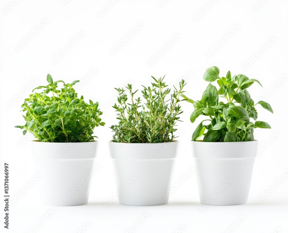 Growing Fresh Herbs Indoor in Pots on White Background for Cooking Growing Fresh Herbs Indoor in Pots on White Background for Cooking