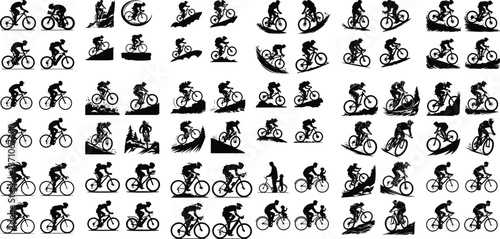 Silhouettes of People Exercising people riding bicycles silhouette on white background vector Silhouette of a person riding a bicycle