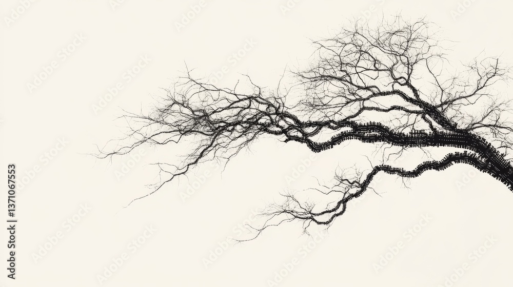 Fototapeta premium Futuristic minimalist digital artwork of tree branches formed by interwoven binary code chains in abstract cybernetic style