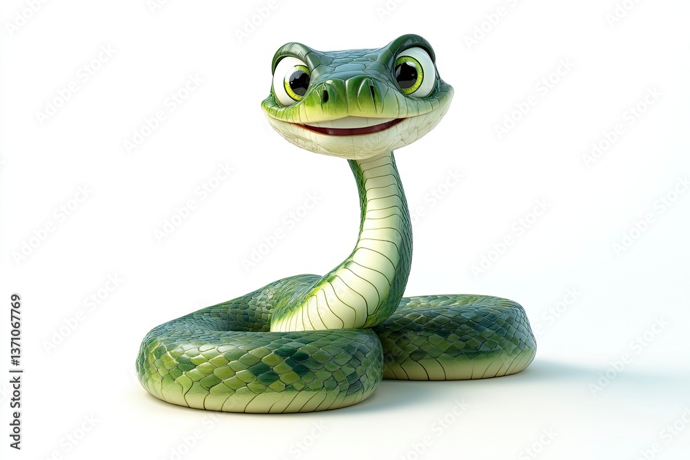 Fototapeta premium Cute Smiling Cartoon Snake with Green Scales on a White Background