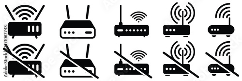 Set of Router icon collection. No router, Router, Wireless, internet connector, Wireless router symbol. Vector Illustration.