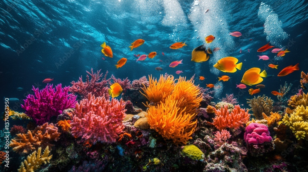 Fototapeta Lush coral reef teeming with life! Brilliant blues, oranges, and yellows shimmer beneath sunlit waters. A captivating underwater paradise