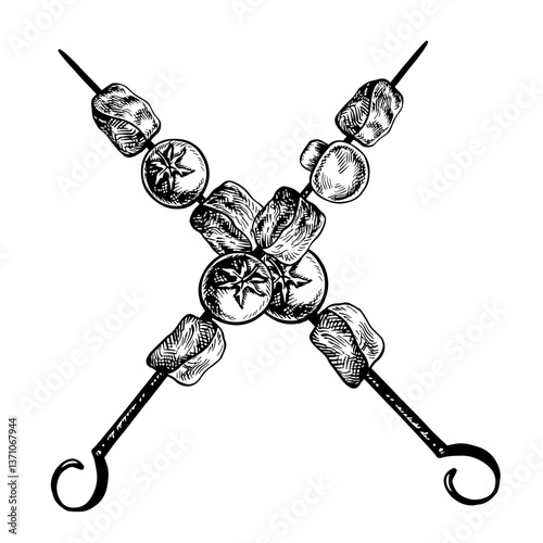 Kebab. Barbecue meat on a spit. Vector graphics depicting fried pieces of meat with vegetables. A hand-drawn black-and-white illustration of a dish. On a white background. For menus or labels.
