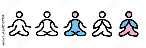 Set of Person meditating icon collection. Calm breathing meditation, wellness, yoga, spa symbol. Vector Illustration.