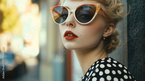 Wallpaper Mural A woman wearing trendy sunglasses and a colorful polka dot dress, great for fashion or lifestyle use Torontodigital.ca