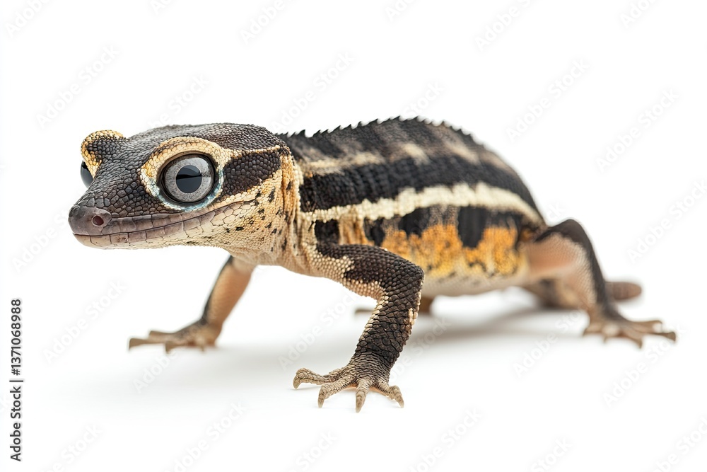 Obraz premium Striped Gecko Standing on White Background in Studio Lighting Isolated Shot
