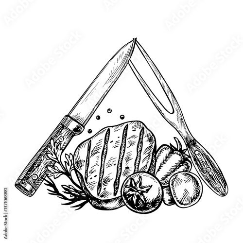 Roast meat with vegetables. Vector graphics with images of food. A black-and-white hand-drawn illustration. A sign for eateries and restaurants. For a menu, poster. For cooking recipes, invitations.