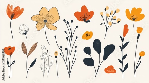 Vector set of hand-drawn minimalist floral and abstract doodle elements – modern botanical illustrations for branding, packaging, prints, and social media graphics
