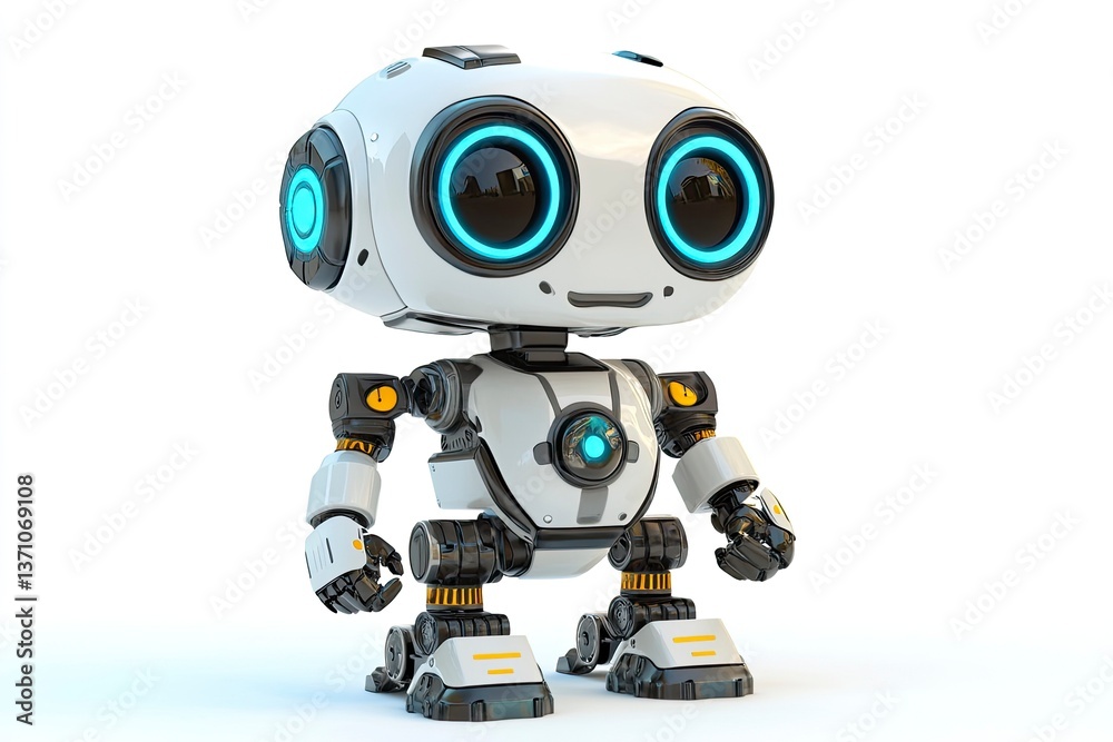 Cute Robot Standing with Glowing Eyes Isolated on White Background Cute Robot Standing with Glowing Eyes Isolated on White Background