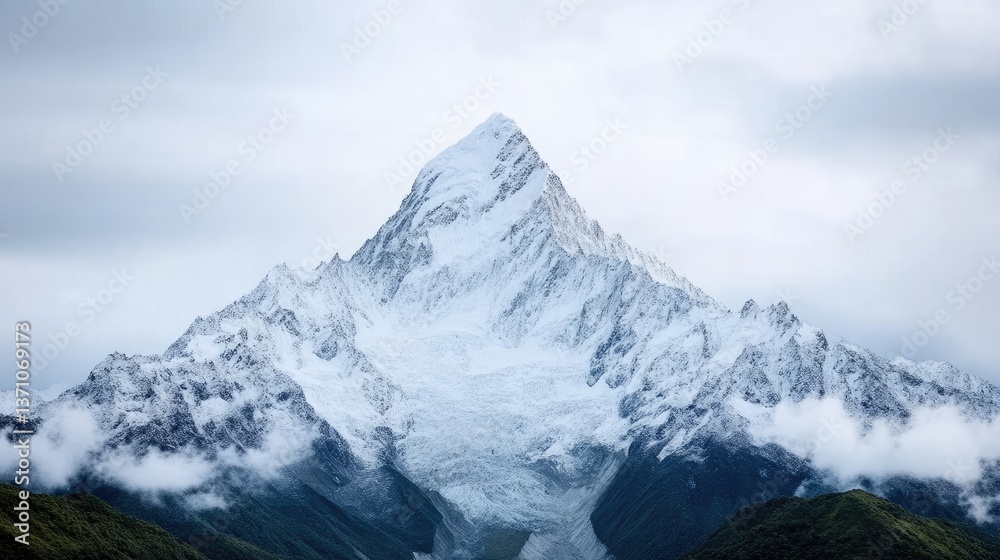 Obraz premium Majestic snow-capped mountain peak piercing the clouds, a stunning vista of a rugged mountain range. Lush green valleys nestle at the base, contrasting with the icy white summit