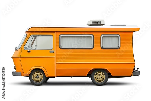 Vintage Orange Camper Van Side View on White Background