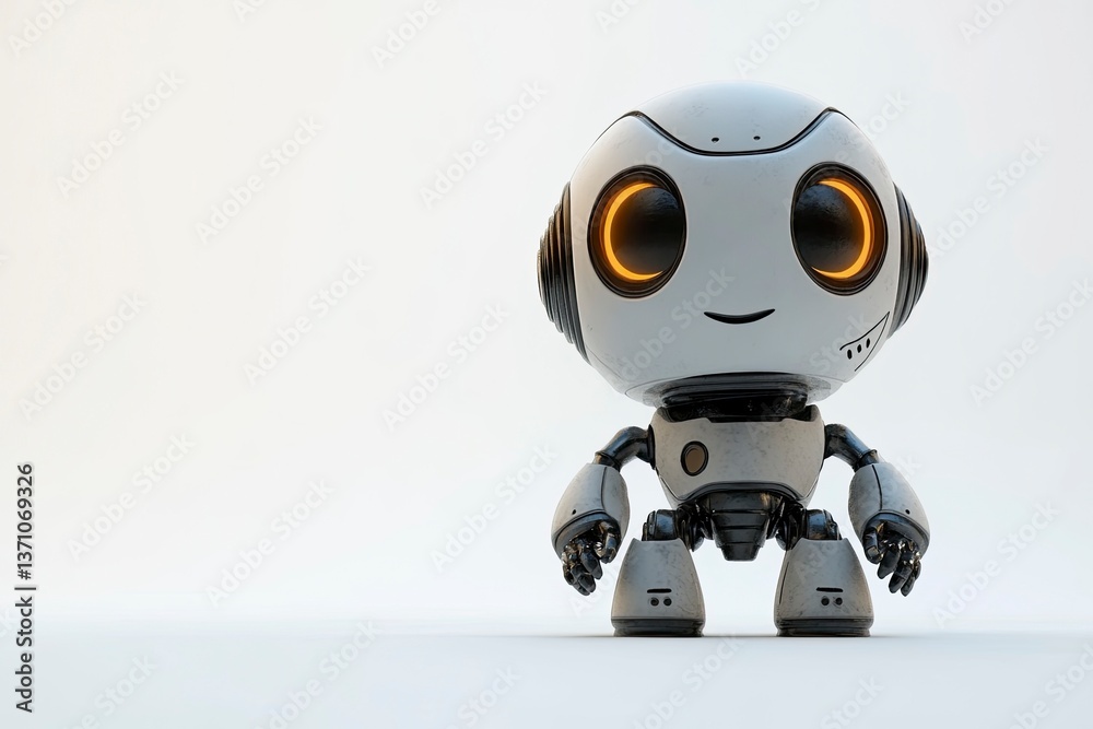 Cute Little Robot Standing on White Background with Glowing Eyes Cute Little Robot Standing on White Background with Glowing Eyes