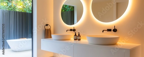 Ultra-modern en-suite, frameless round mirror, floating double vanity, elegant warm lighting