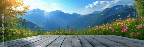 Majestic Mountain Landscape Adorned With Vibrant Flowers During Golden Hour i...